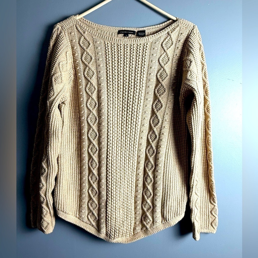 Jeanne Pierre 100% Cotton SOFT Cable Knit L/S Pullover Sweater EUC Sz M 18" PTP